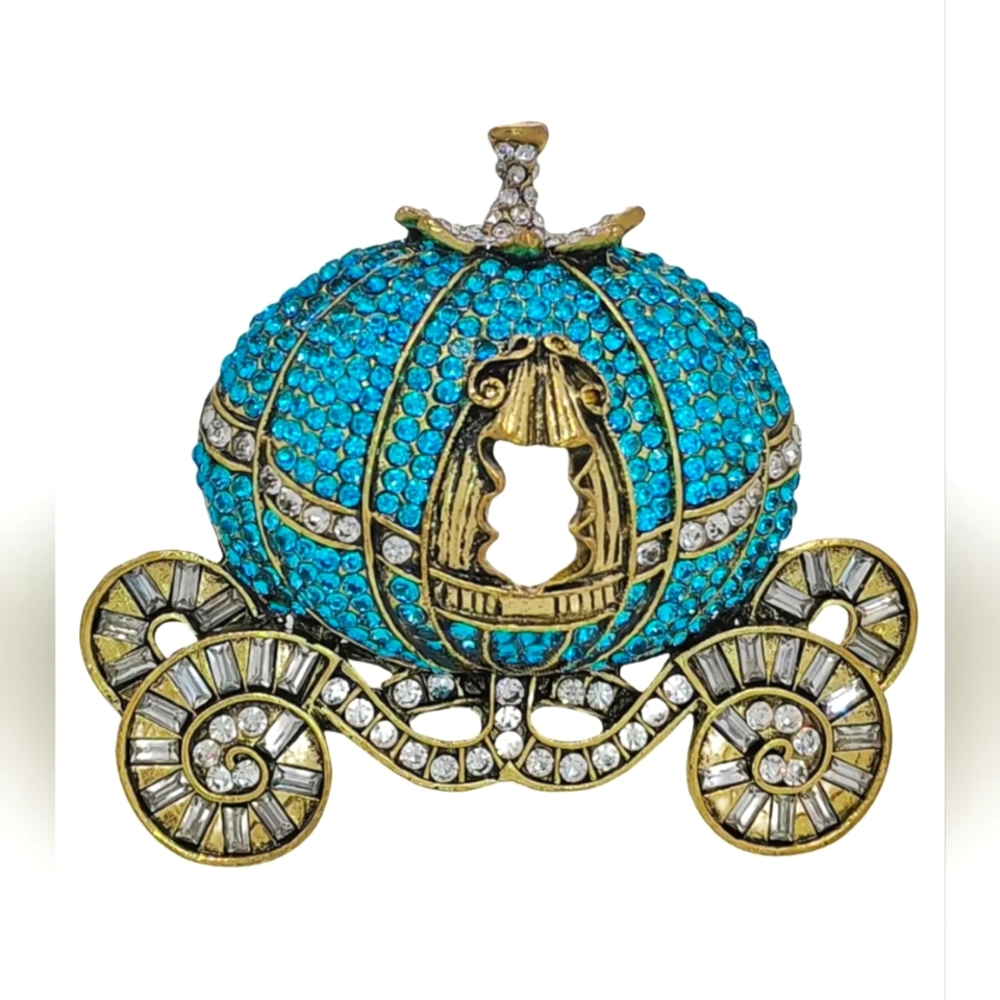 Pumpkin Cinderella Carriage Brooch Pin  Blue Crystal Rhinestone Autumn Fall Teal